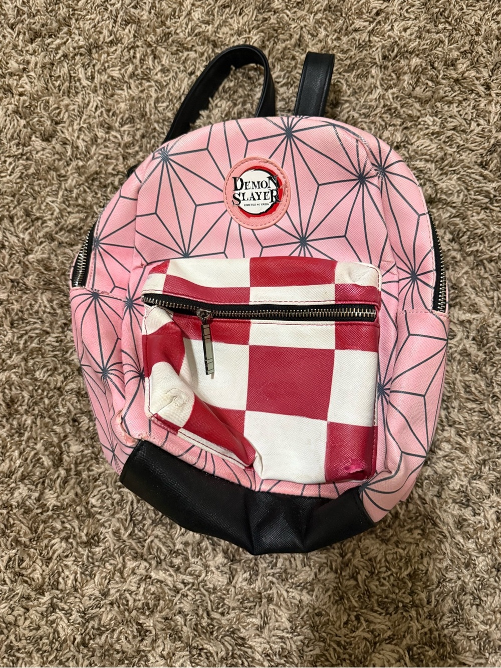 Demon Slayer Pink Patterned Backpack with Red-White Check Pocket